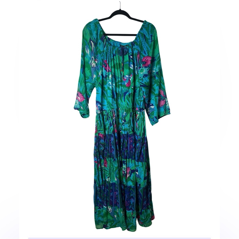 Phool Vintage 80’s Green Tropical Print Maxi Dress Boho Peasant SZ L EUC